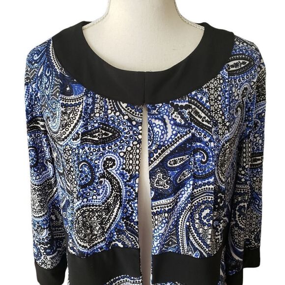 R&K Black Blue Paisley Print Open Cropped Jacket Sz L - Picture 2 of 13